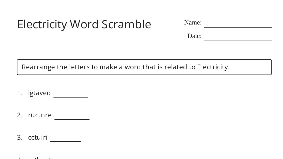 Electricity Word Scramble - My Worksheet Maker: Create Your Own Worksheets