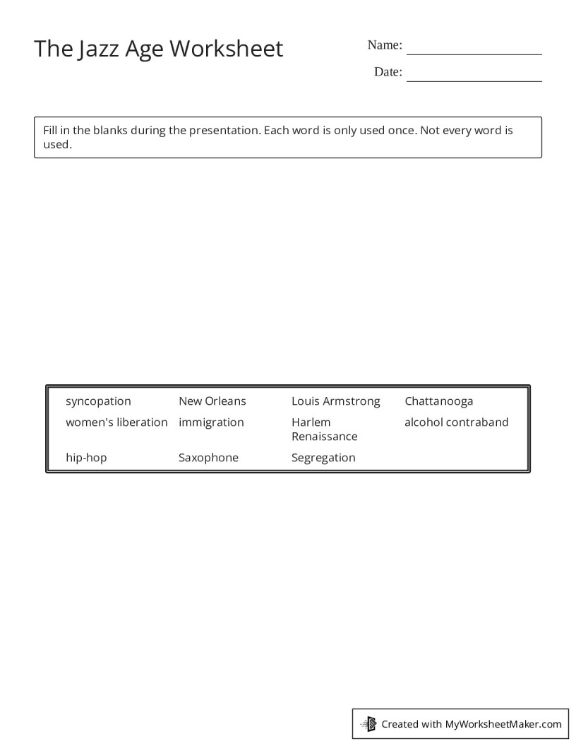 The Jazz Age Worksheet My Worksheet Maker Create Your Own Worksheets