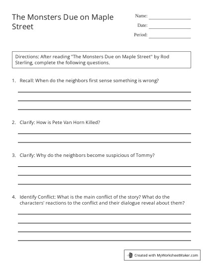 The Monsters Due on Maple Street - My Worksheet Maker: Create Your Own  Worksheets