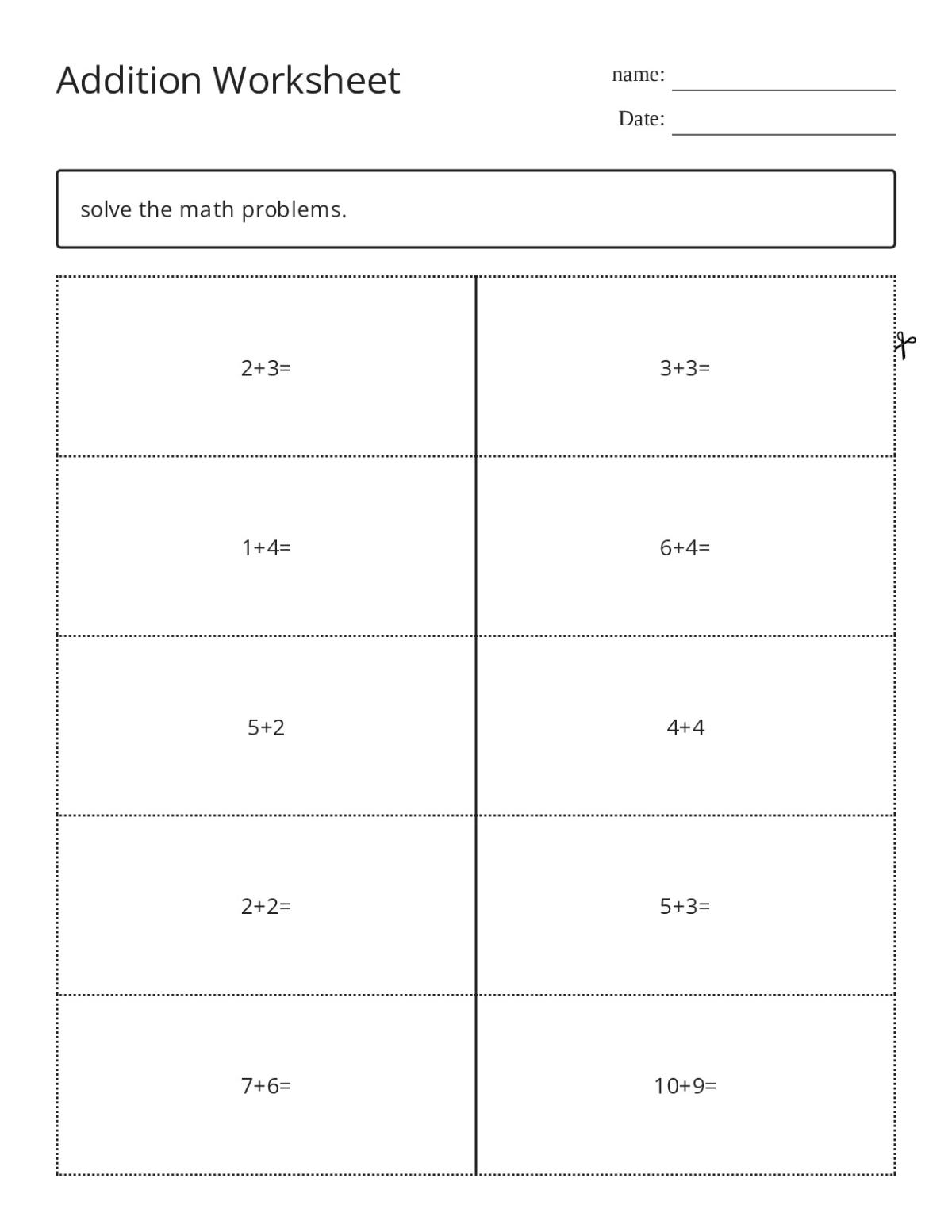 Addition flashcards for kindergarten with simple problems like 2+3 and 1+4.