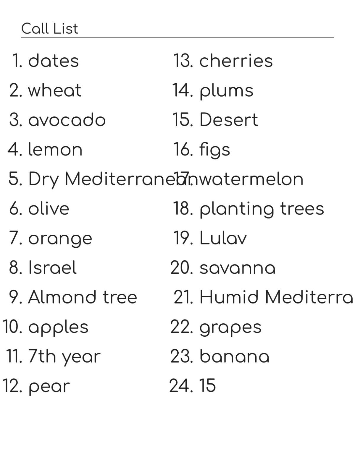 Hebrew bingo cards with Israeli fruits, crops, and geography vocabulary for Grade 2.
