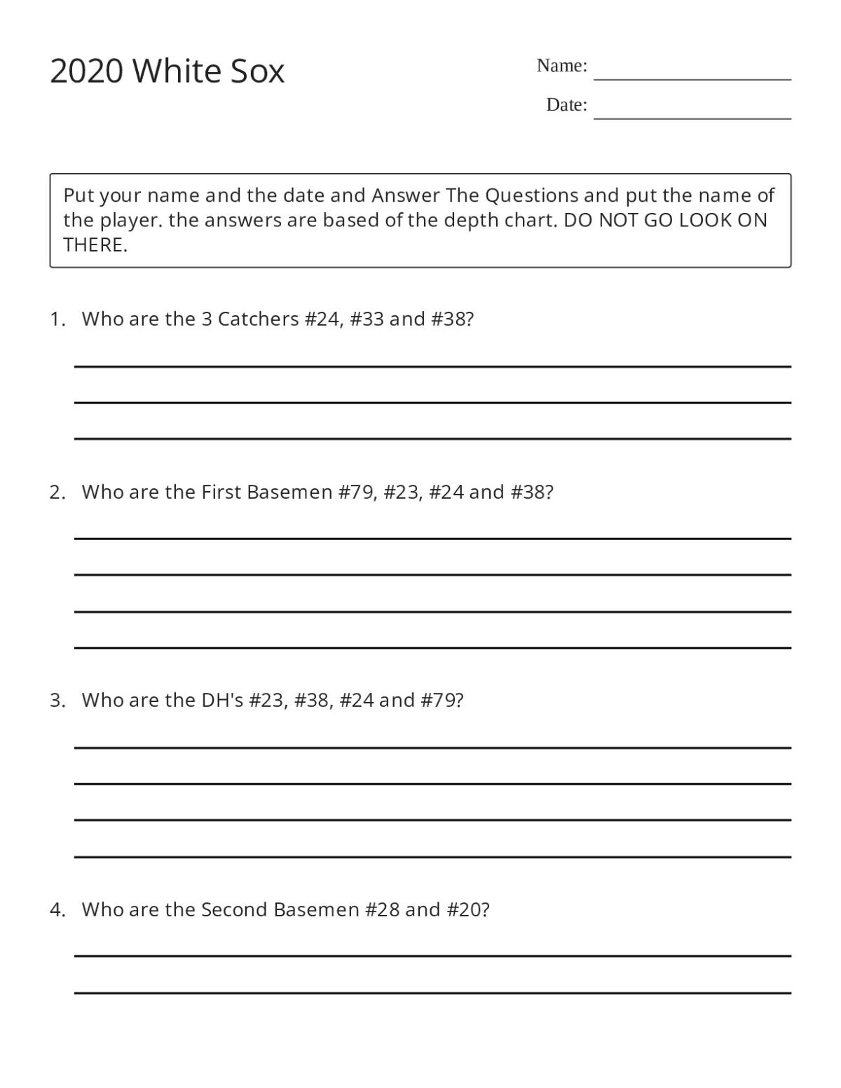 Printable baseball trivia worksheet identifying 2020 White Sox players by position and uniform number on the depth chart.