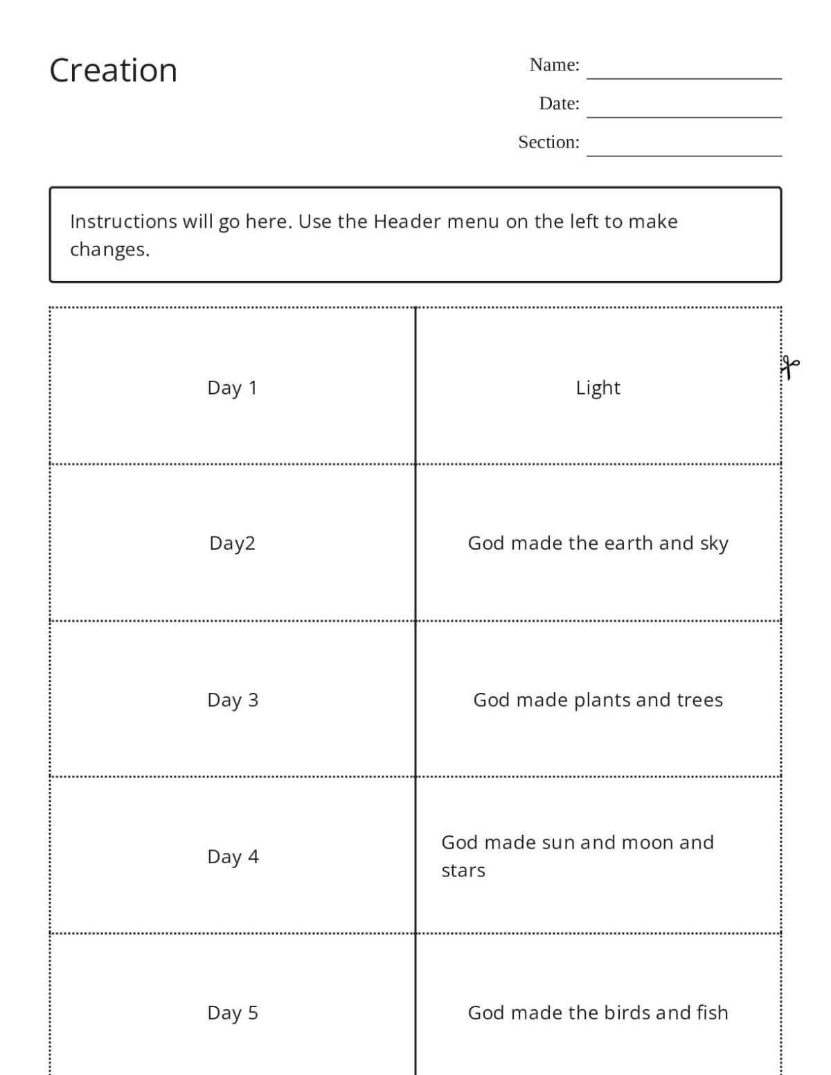 Flashcard set of the seven days of Creation for elementary students.