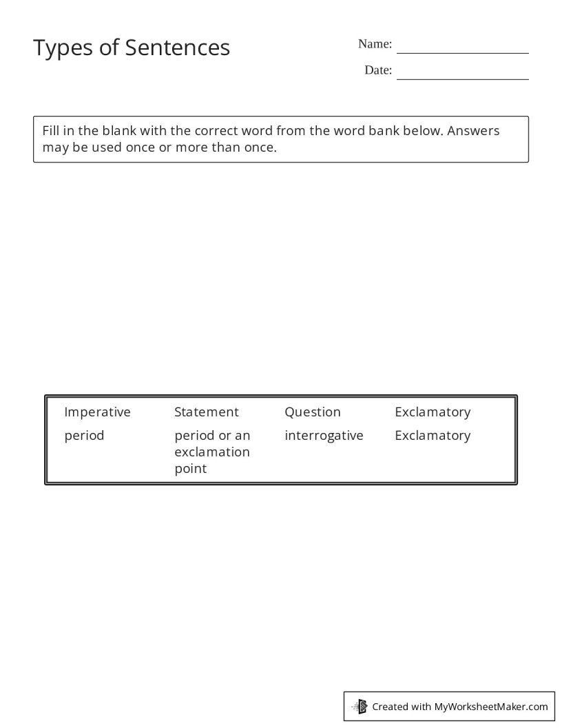 Types of Sentences - My Worksheet Maker: Create Your Own Worksheets