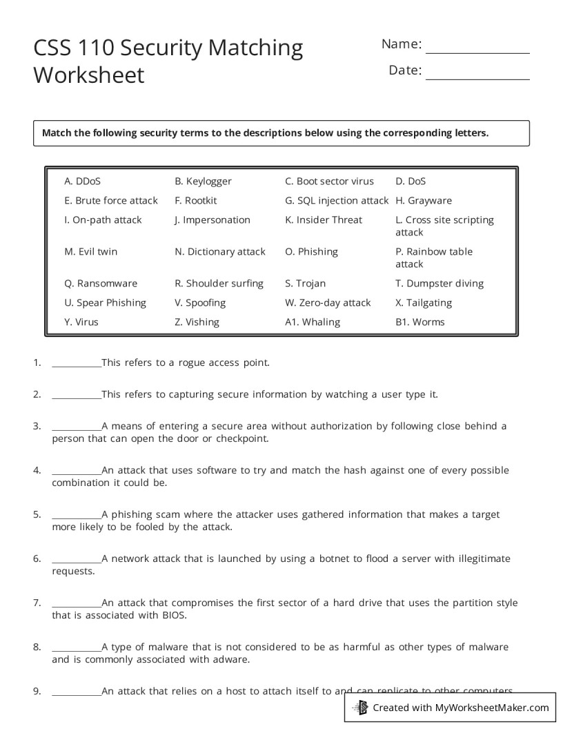 CSS 110 Security Matching Worksheet - My Worksheet Maker: Create Your ...