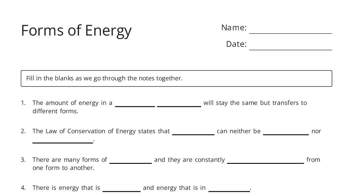 Forms of Energy - My Worksheet Maker: Create Your Own Worksheets