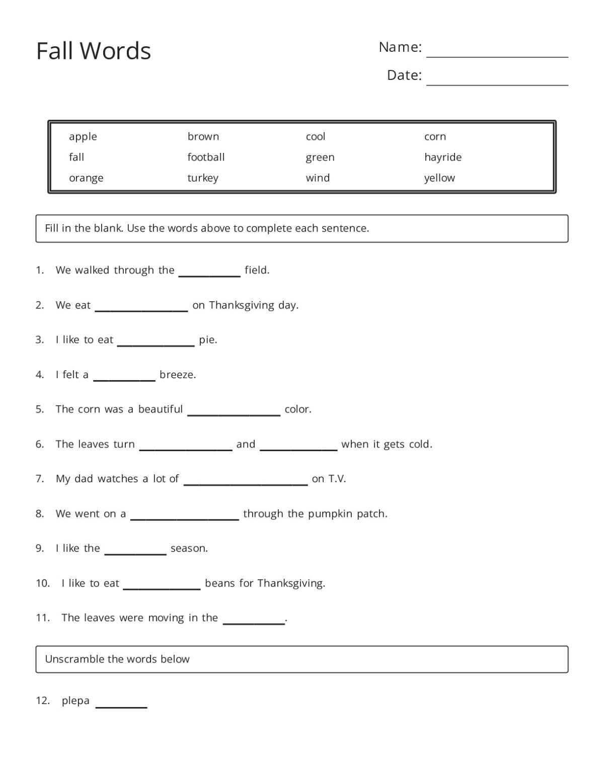 Printable fall vocabulary worksheet with fill-in-the-blank and word-unscramble activities using seasonal words like apple, turkey, and hayride.