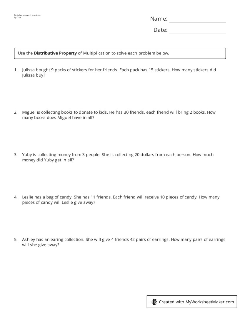 Distribution word problems by 219 - My Worksheet Maker: Create Your Own ...