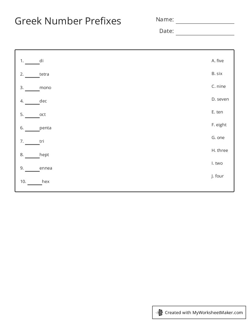 Greek Number Prefixes - My Worksheet Maker: Create Your Own Worksheets