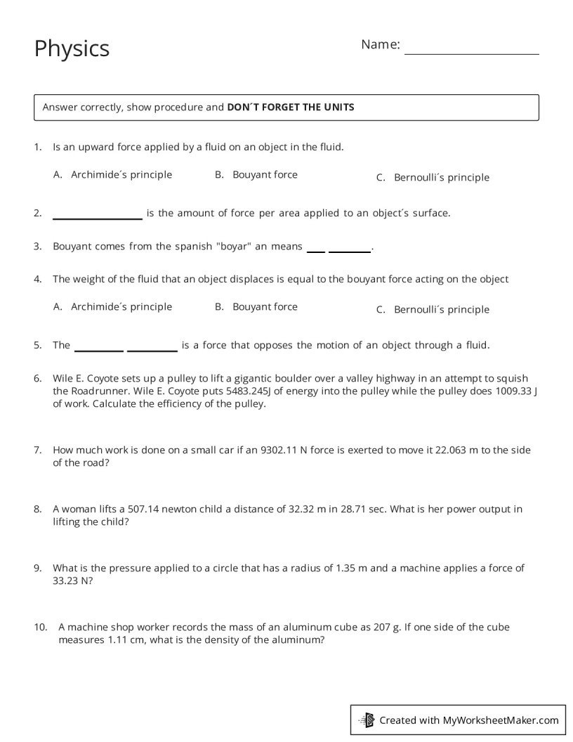 Physics - My Worksheet Maker: Create Your Own Worksheets