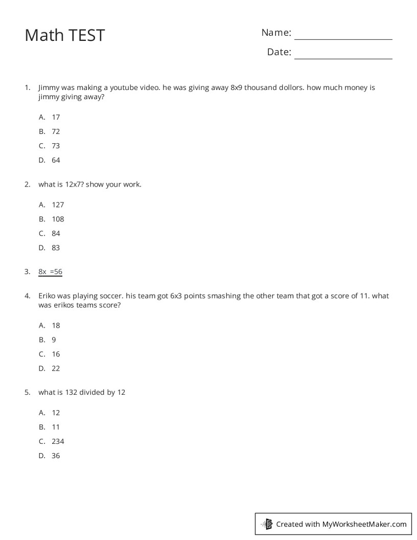 Basic Math Test Pdf Worksheets Math TEST - My Worksheet Maker: Create Your Own Worksheets
