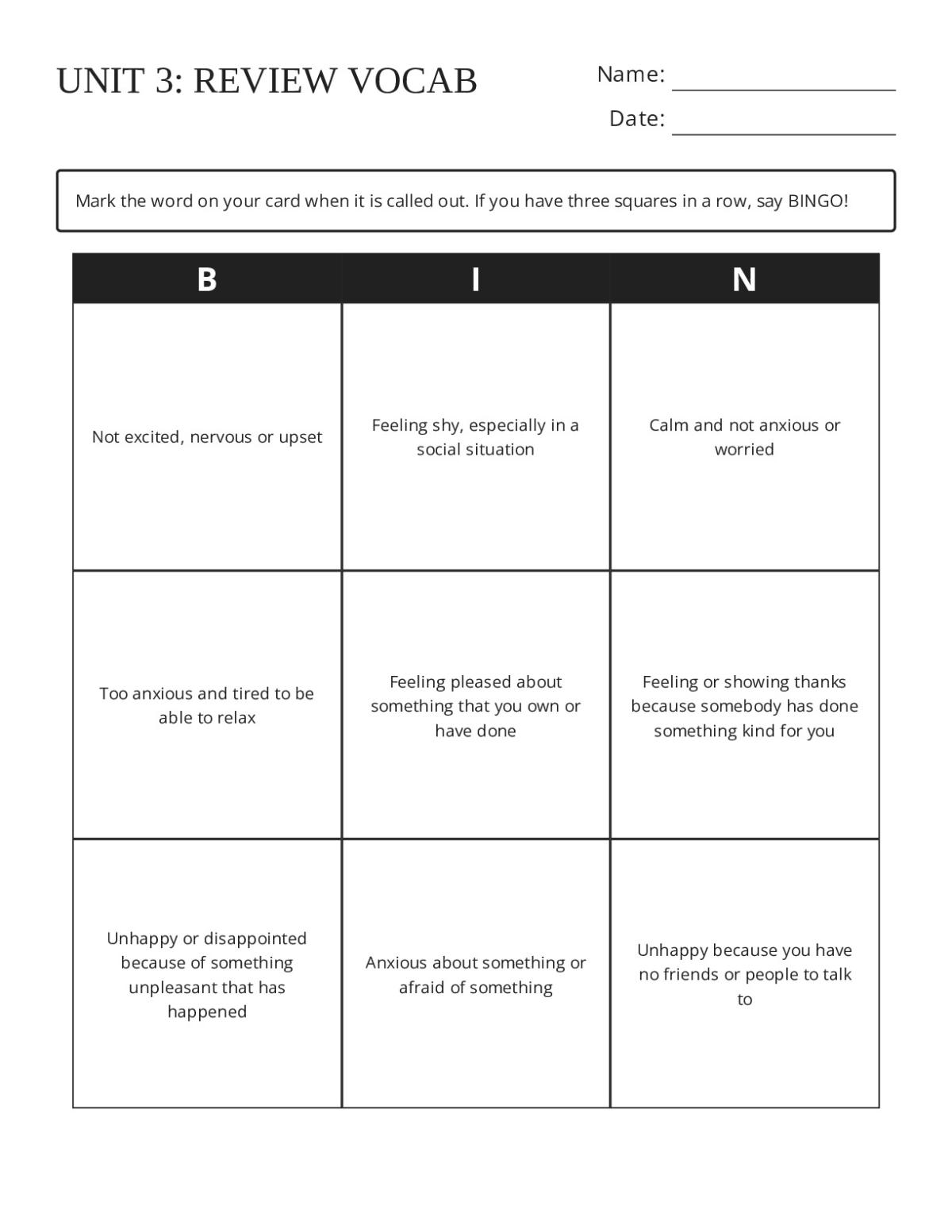 Bingo cards with emotions vocabulary including proud, confident, worried, grateful, and lonely.