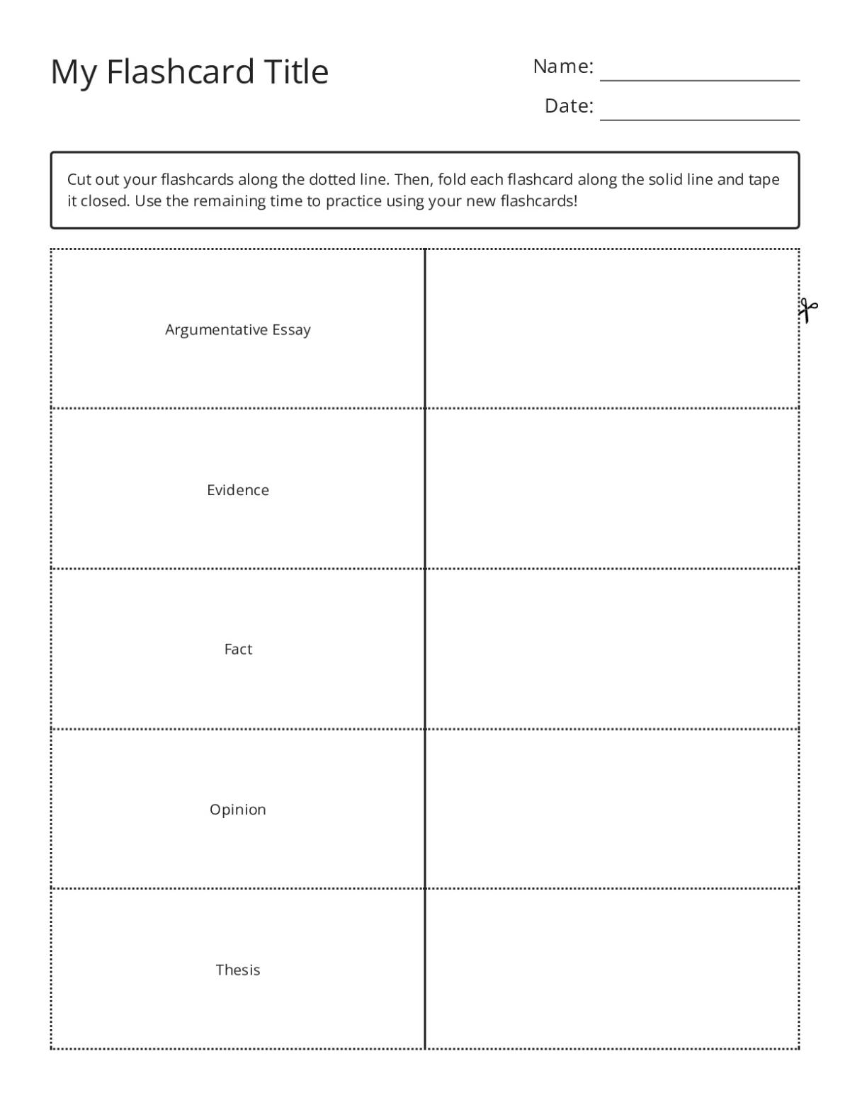 Argumentative essay vocabulary flashcards: thesis, evidence, fact, and opinion.