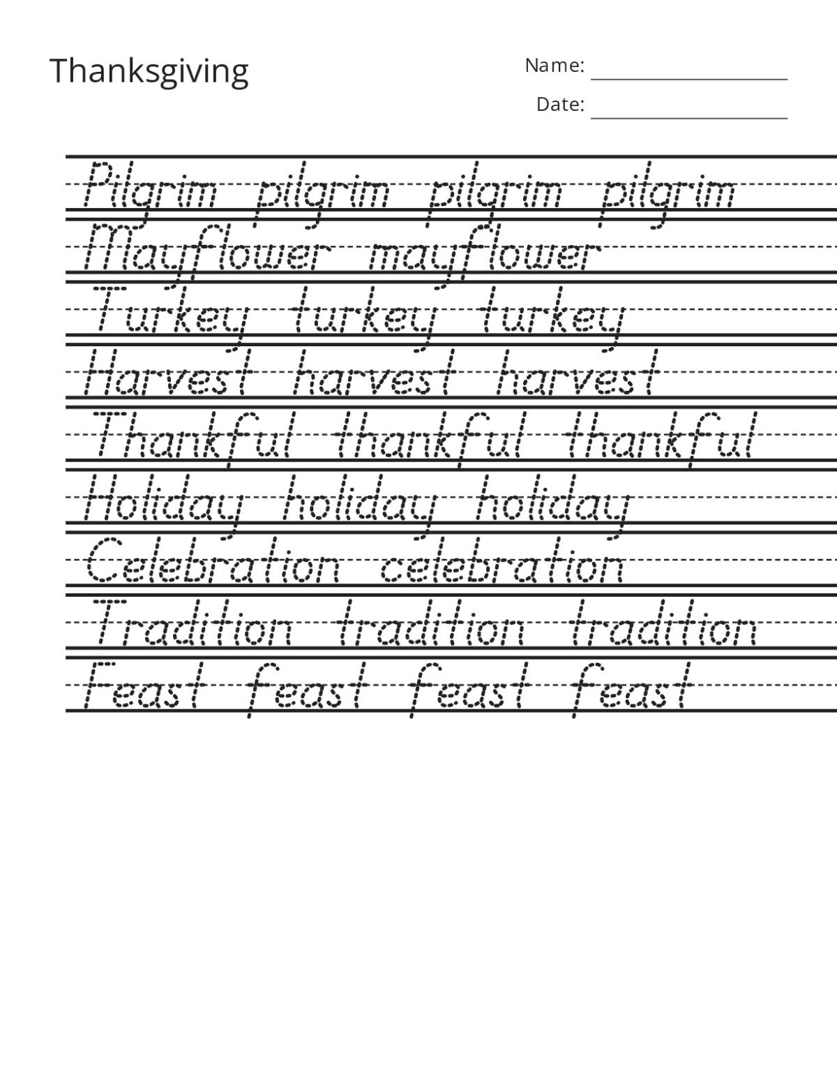 Printable Thanksgiving handwriting practice worksheet for kindergarten with words like Pilgrim, Mayflower, Turkey, and Harvest.