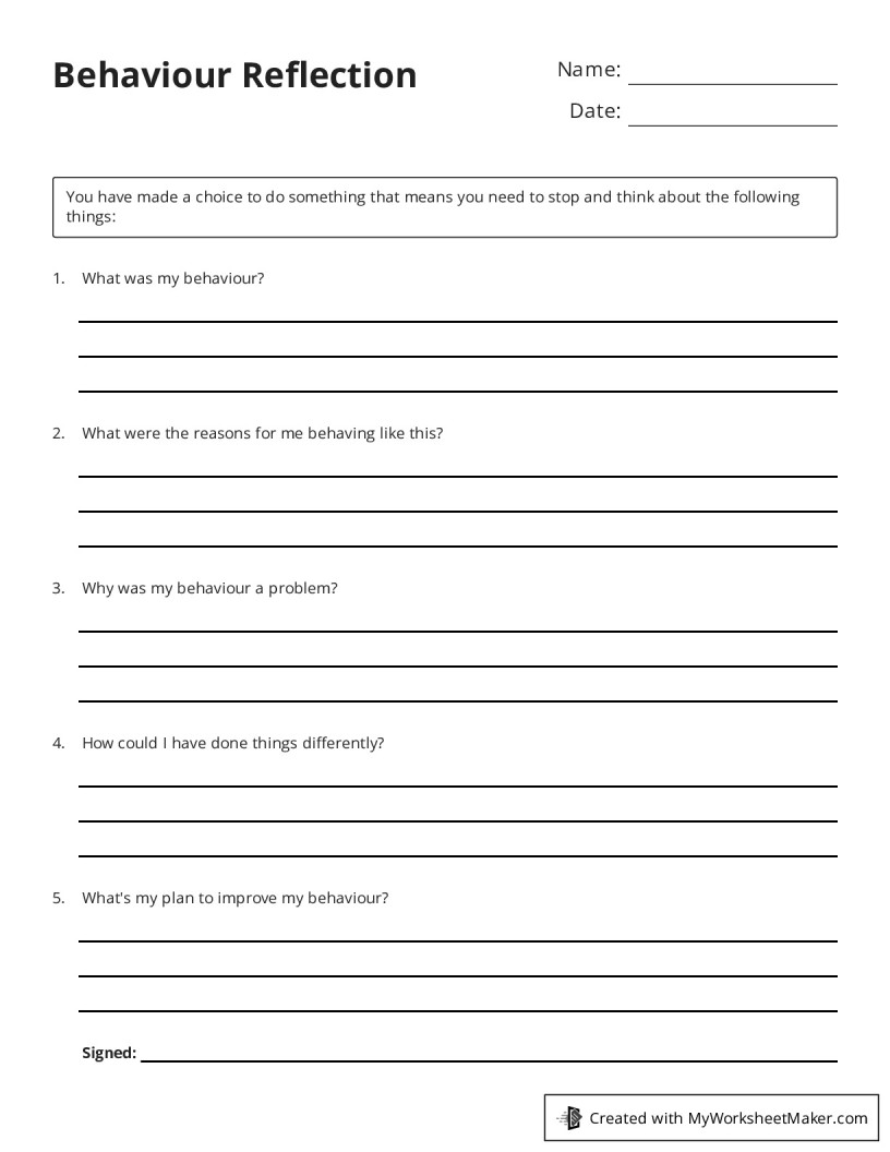 Behaviour Reflection - My Worksheet Maker: Create Your Own Worksheets