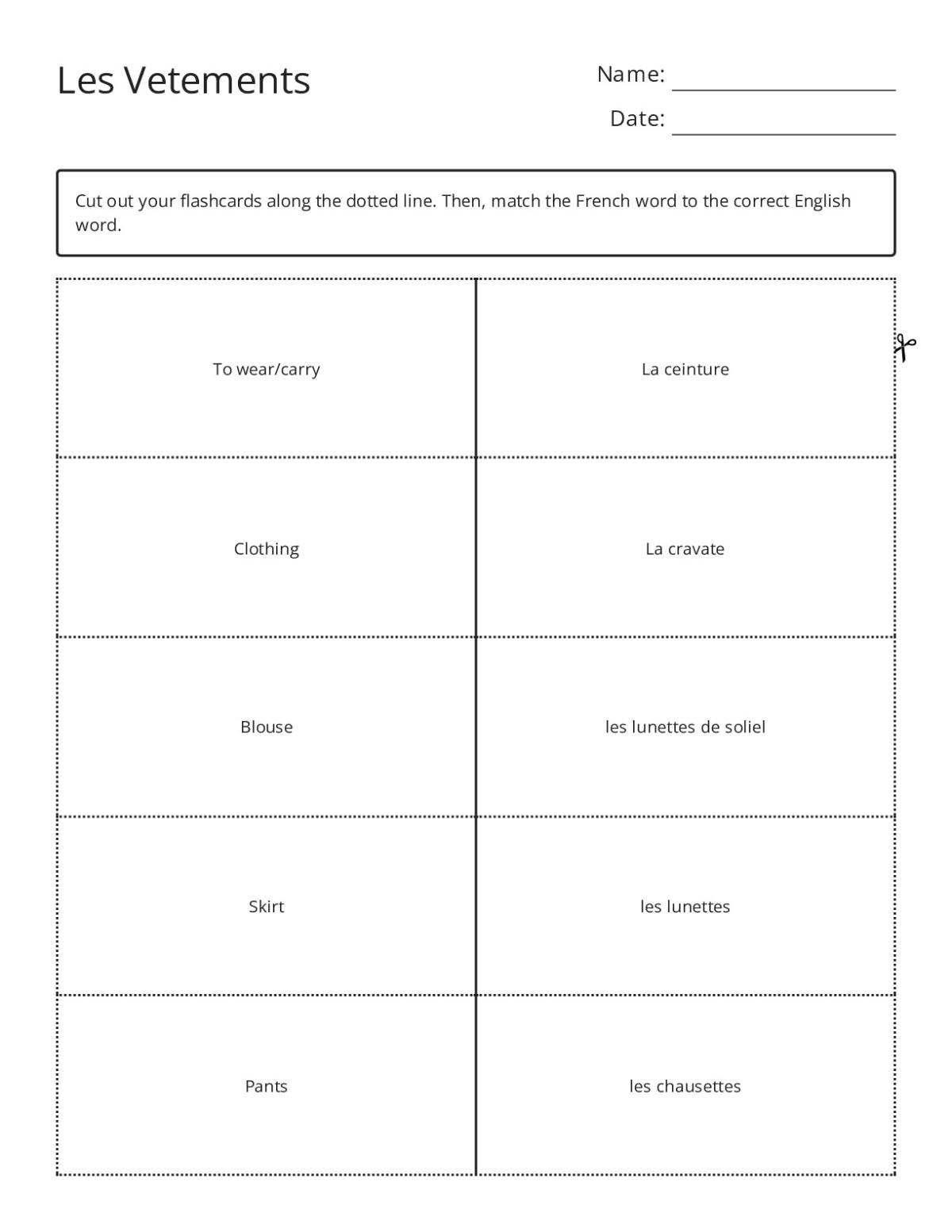 French clothing vocabulary flashcards with jacket, sweater, boots, and accessories for Grade 6.