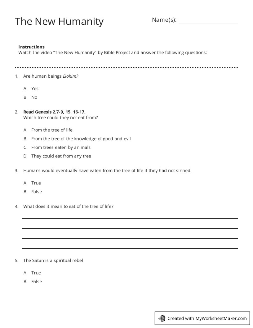 The New Humanity - My Worksheet Maker: Create Your Own Worksheets
