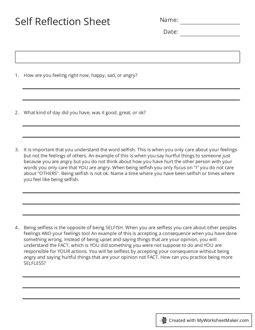 Self Reflection Sheet - My Worksheet Maker: Create Your Own Worksheets