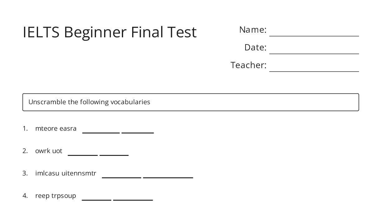 IELTS Beginner Final Test - My Worksheet Maker: Create Your Own Worksheets