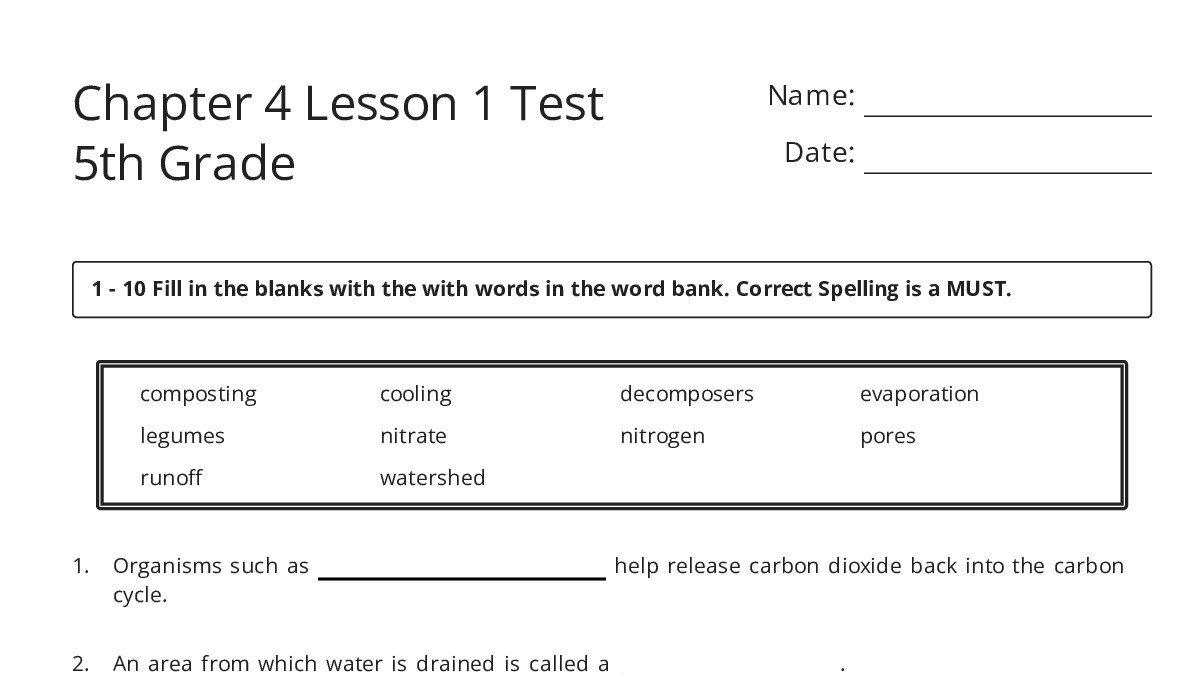 Chapter 4 Lesson 1 Test 5th Grade - My Worksheet Maker: Create Your Own ...