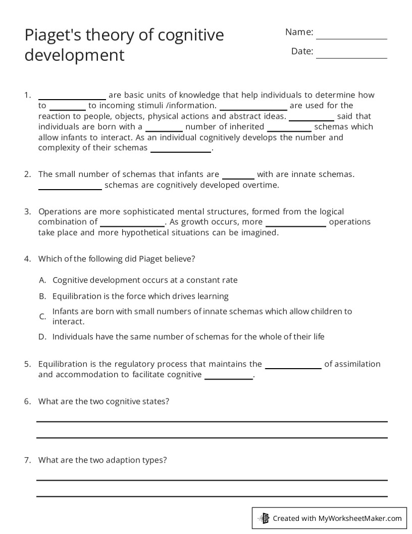 Piaget's theory of cognitive development My Worksheet Maker Create Your Own Worksheets