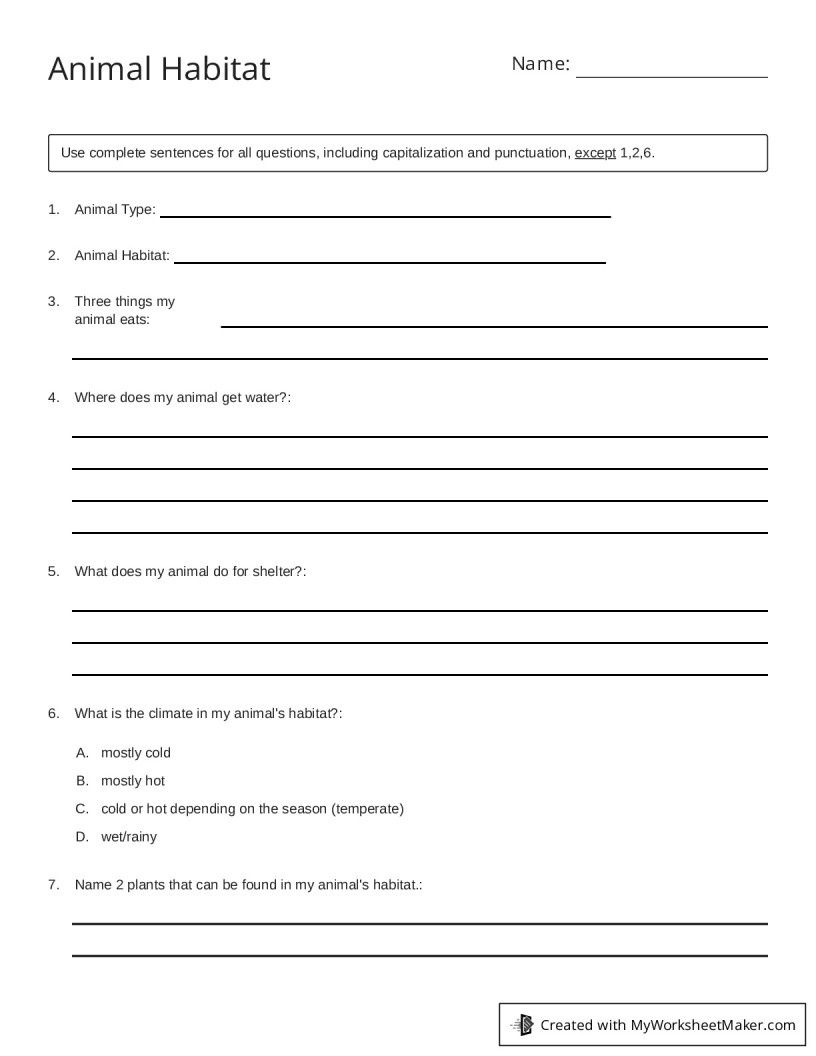 Animal Habitat - My Worksheet Maker: Create Your Own Worksheets