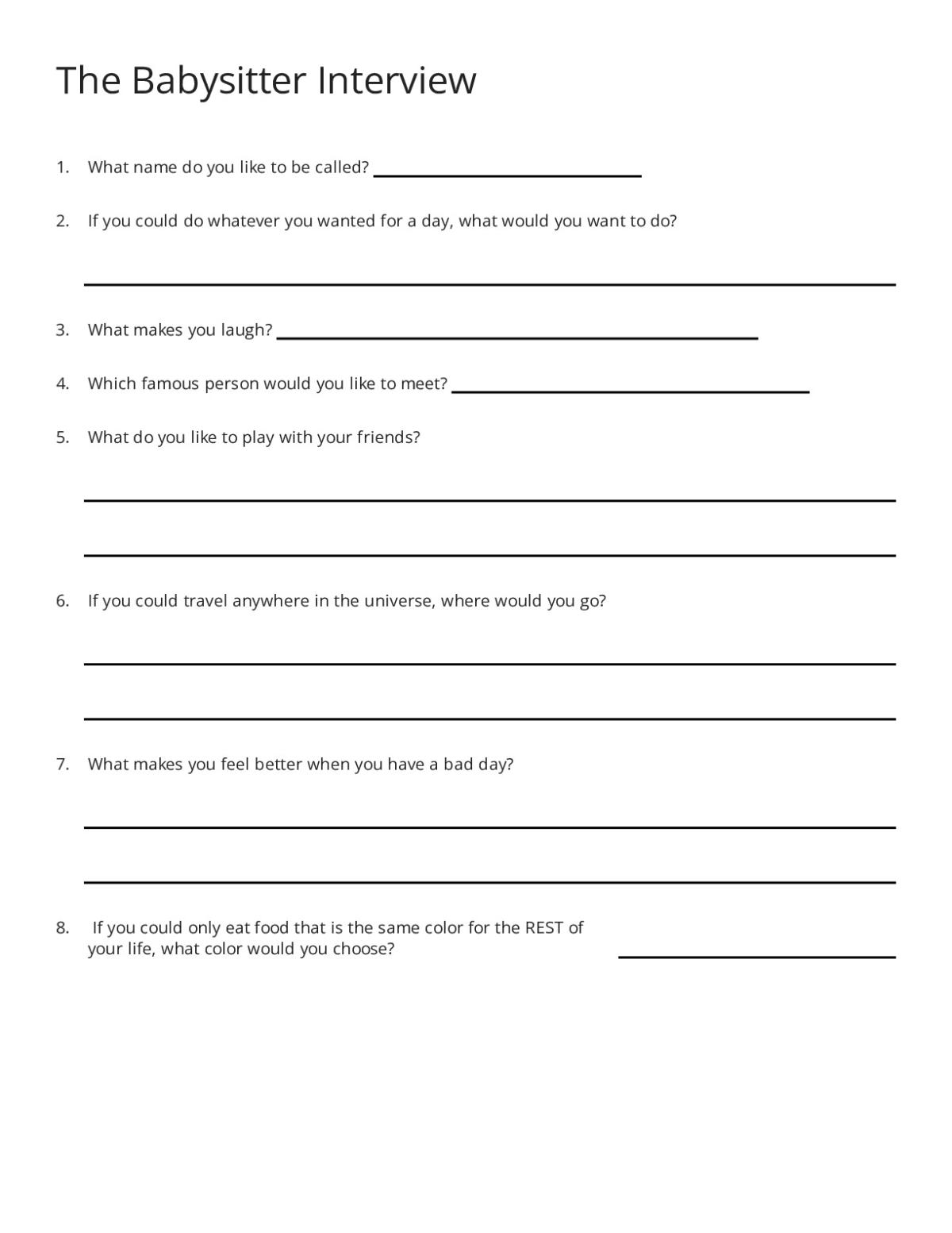 Printable interview worksheet for pre-K and kindergarten with ten open-ended questions about preferences, feelings, and favorite things.