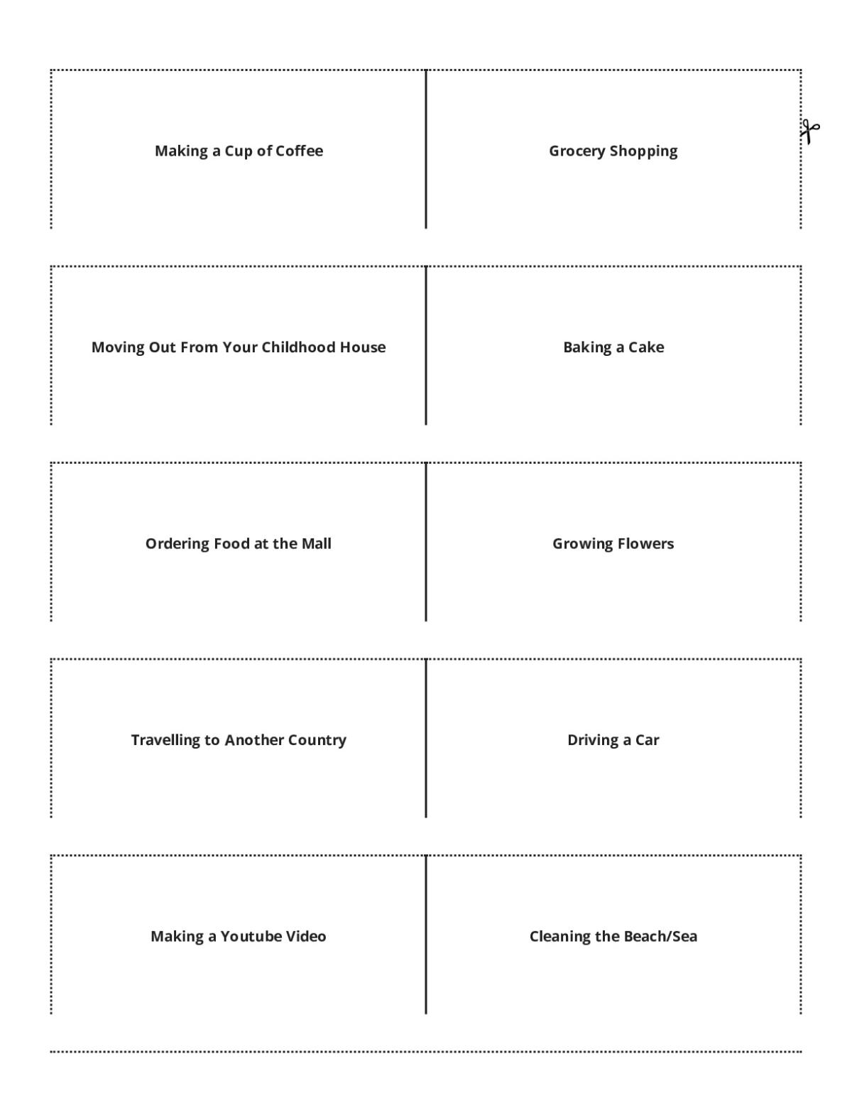 Narrative writing prompt flashcards for Grade 7 featuring everyday scenarios like traveling and making coffee.