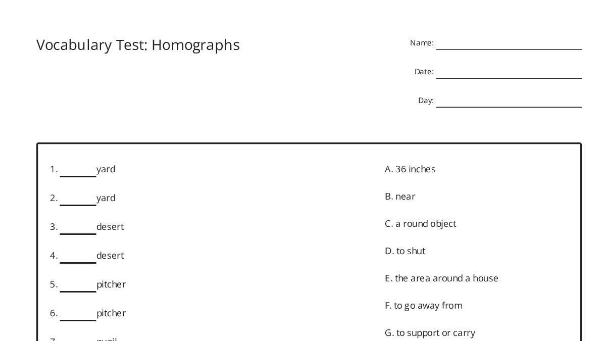 Vocabulary Test: Homographs - My Worksheet Maker: Create Your Own ...
