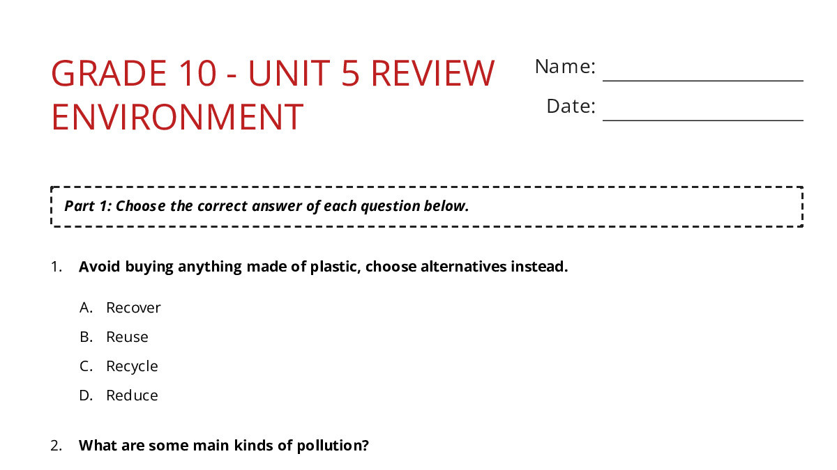 GRADE 10 - UNIT 5 REVIEW ENVIRONMENT - My Worksheet Maker: Create Your ...