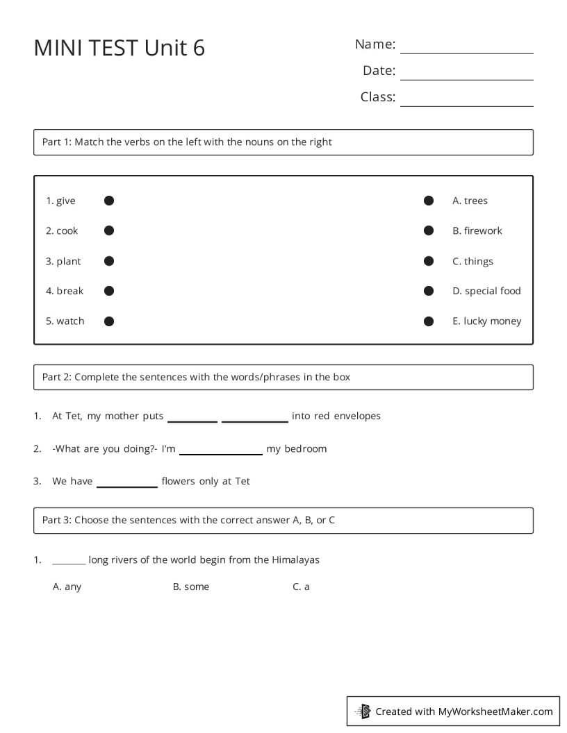 MINI TEST Unit 6 - My Worksheet Maker: Create Your Own Worksheets