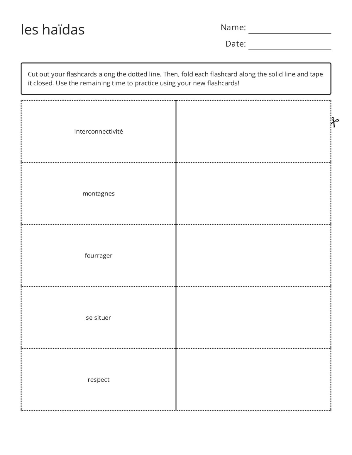 French vocabulary flashcards on Haïda culture: interconnectivité, lignage, and tissage for Grade 12.