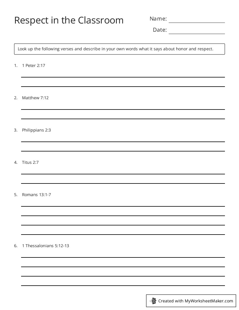 Respect in the Classroom - My Worksheet Maker: Create Your Own Worksheets