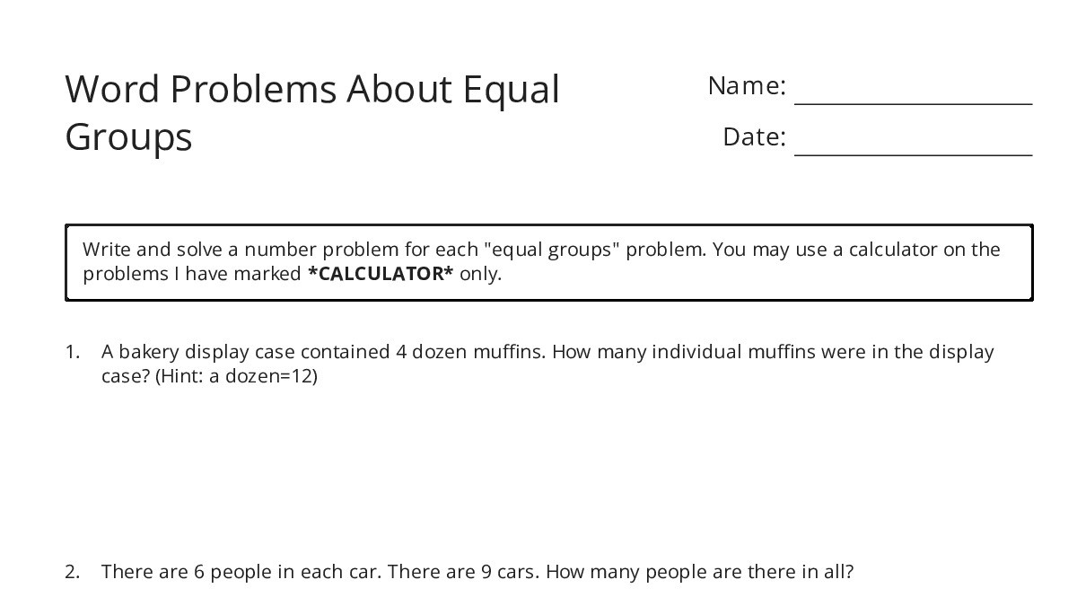 Word Problems About Equal Groups - My Worksheet Maker: Create Your Own ...
