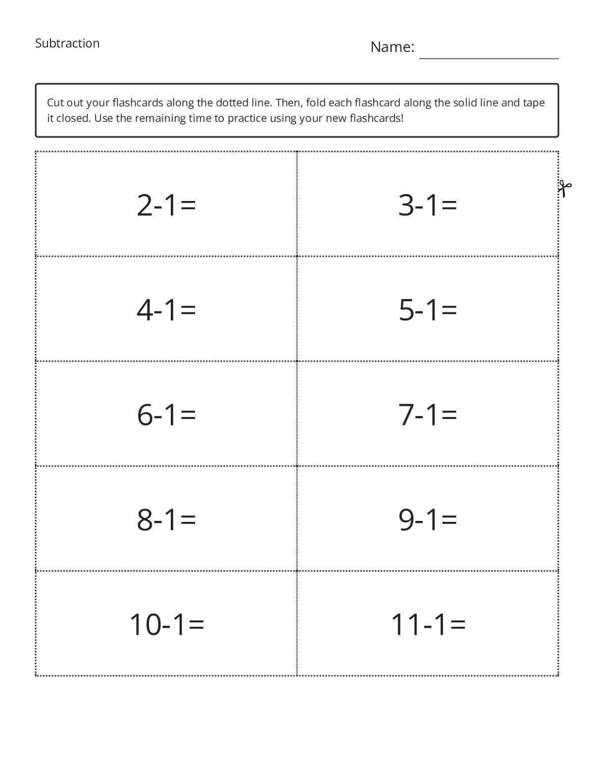 Subtraction flashcards for Grade 2 with problems like 2−1 through 11−1.