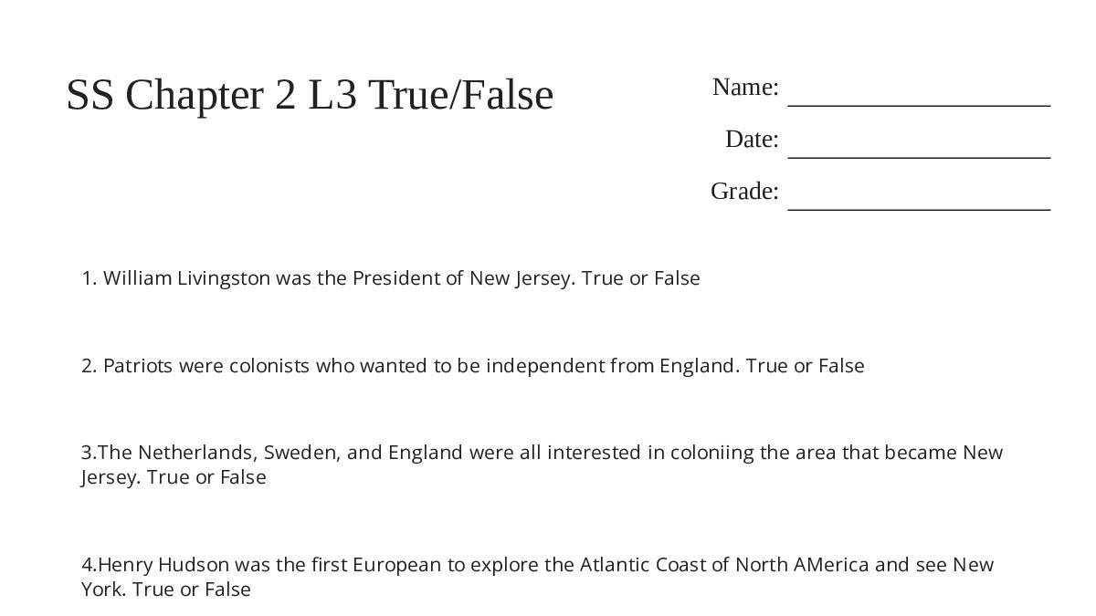 SS Chapter 2 L3 True/False - My Worksheet Maker: Create Your Own Worksheets
