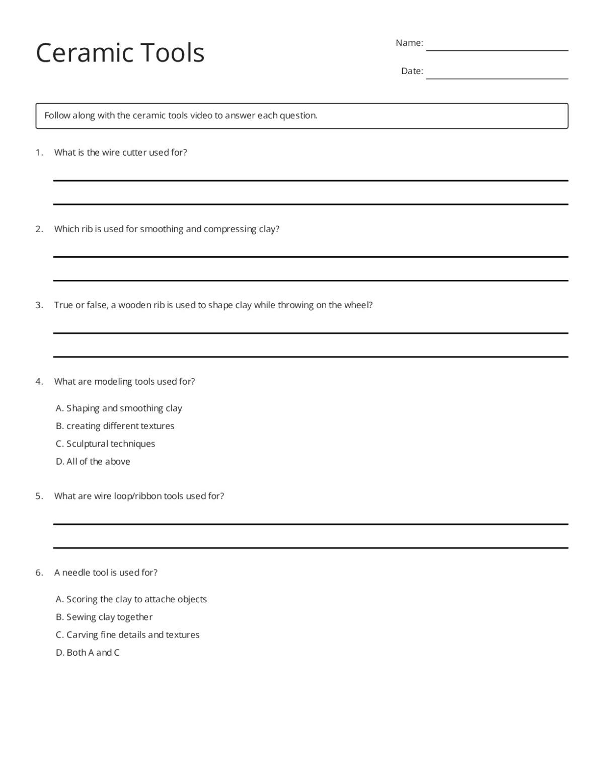 Worksheet on ceramic tools for high school art class, with questions about wire cutters, ribs, modeling tools, and banding wheels.