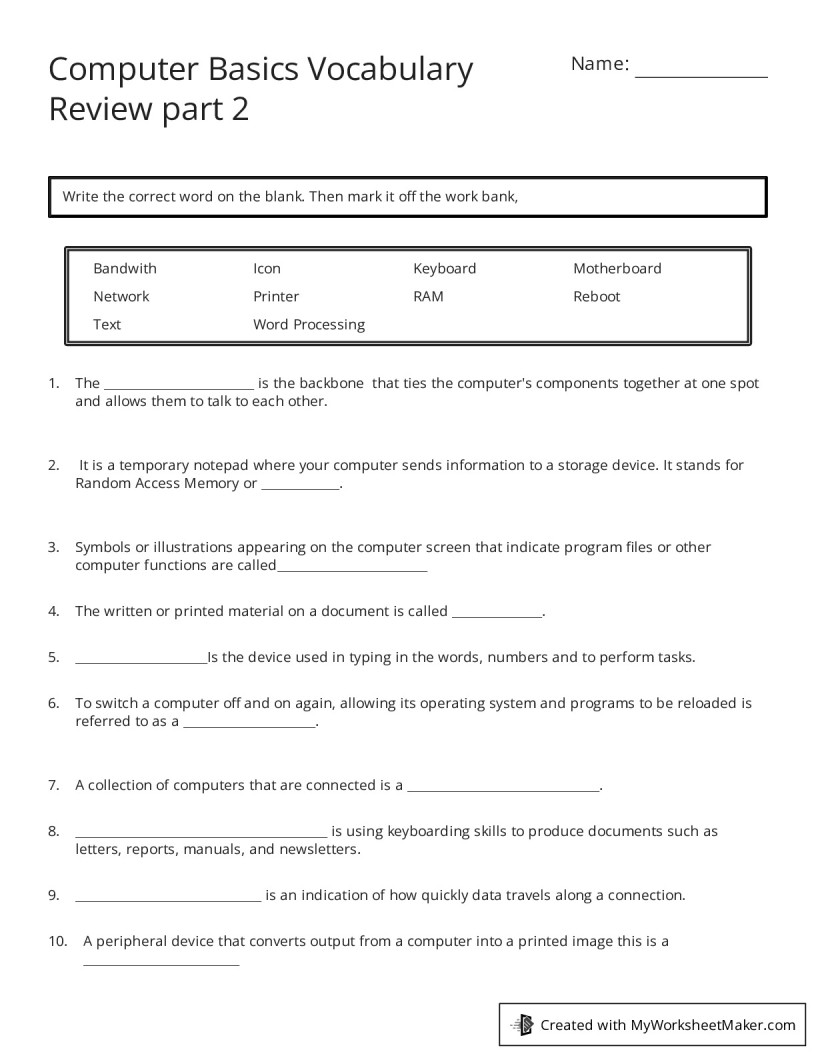 Computer Basics Vocabulary Review part 2 My Worksheet Maker Create