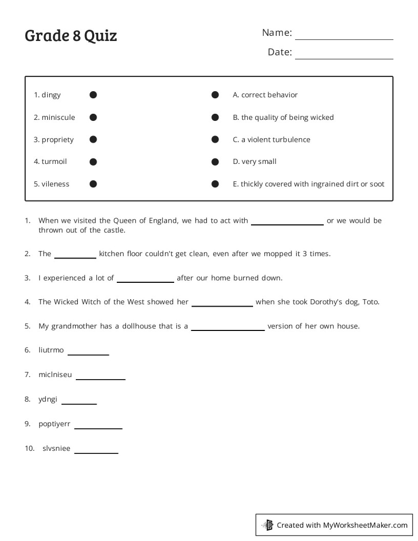 Grade 8 Quiz My Worksheet Maker Create Your Own Worksheets