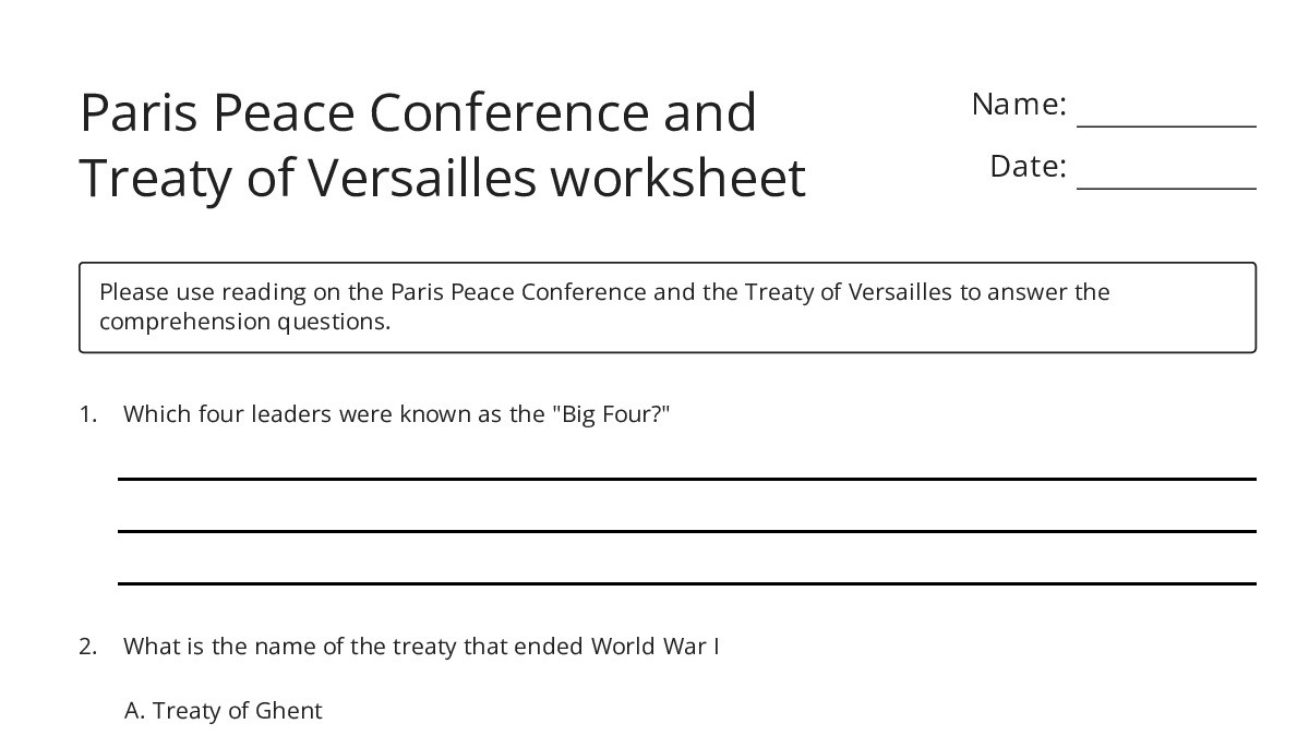 Paris Peace Conference and Treaty of Versailles worksheet - My ...