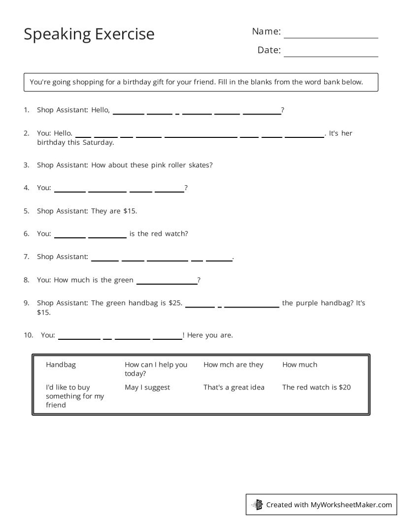 Speaking Exercise My Worksheet Maker: Create Your Own Worksheets Speaking Exercise My Worksheet Maker: Create Your Own Worksheets