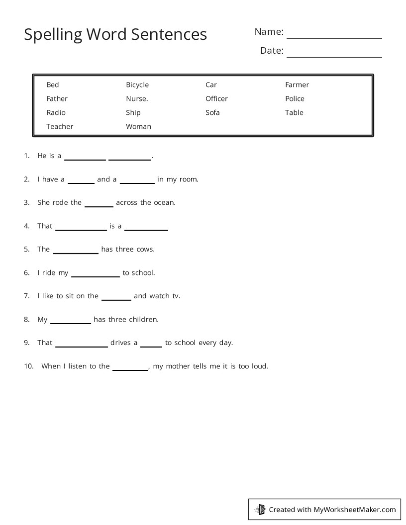Spelling Word Sentences - My Worksheet Maker: Create Your Own Worksheets
