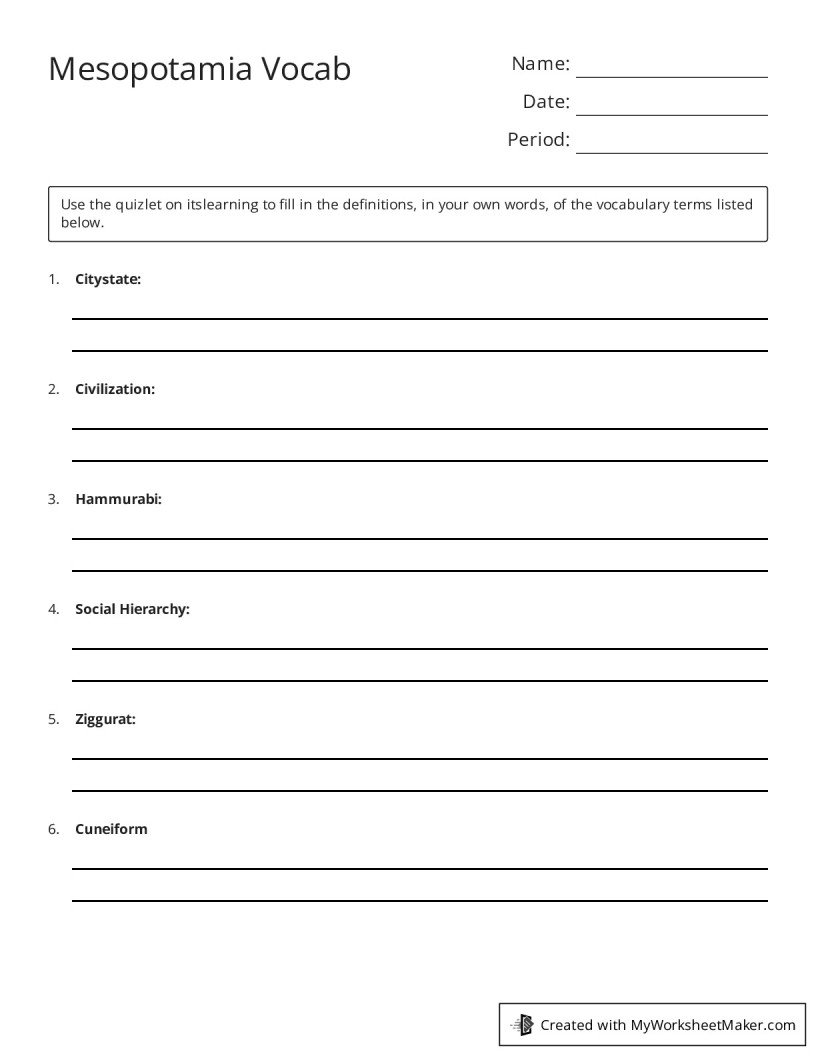 Mesopotamia Vocab - My Worksheet Maker: Create Your Own Worksheets