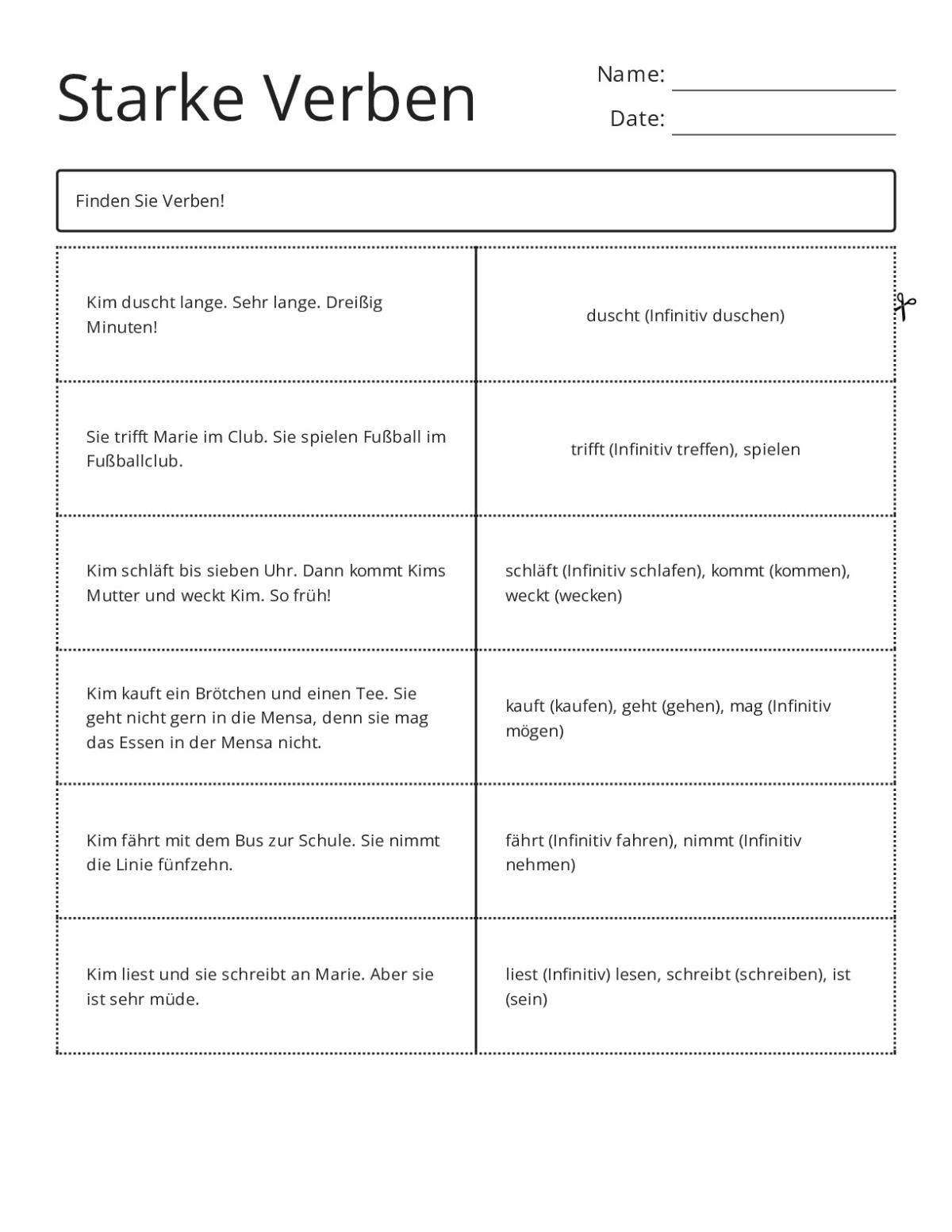 German strong verbs flashcards with conjugations and context sentences for grades 7–11.