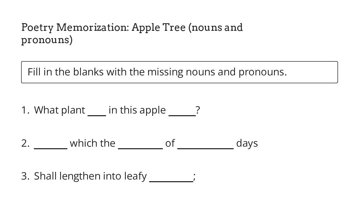 Poetry Memorization: Apple Tree (nouns and pronouns) - My Worksheet ...