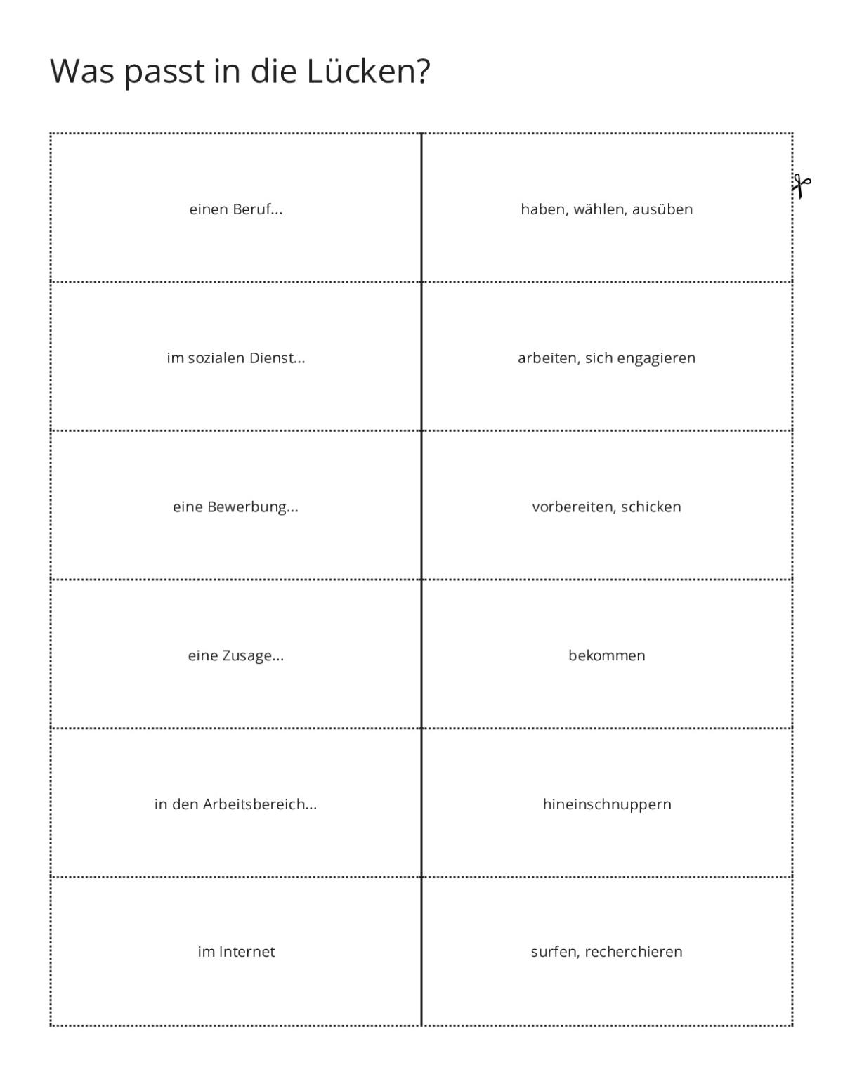 German fill-in-the-blank flashcards covering work and careers vocabulary for Grades 7–11.