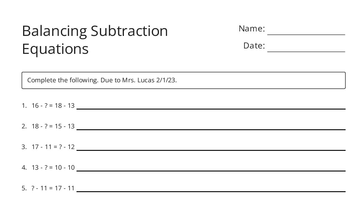 Balancing Subtraction Equations - My Worksheet Maker: Create Your Own ...