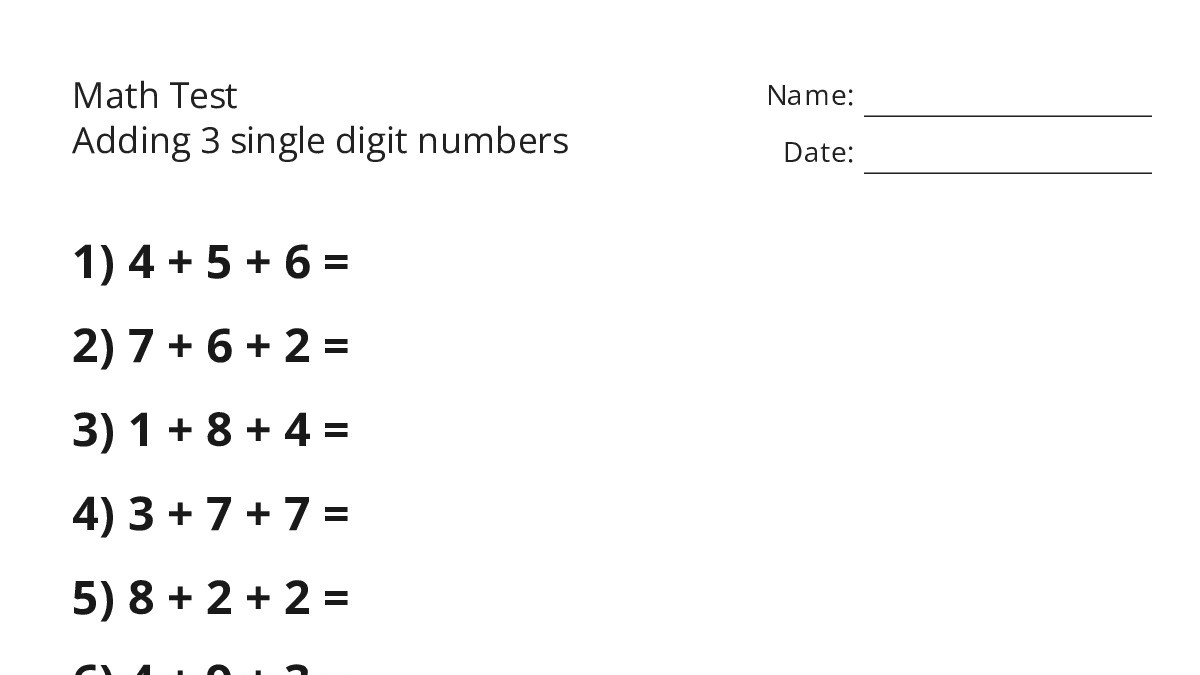 Math Test Adding 3 single digit numbers - My Worksheet Maker: Create ...