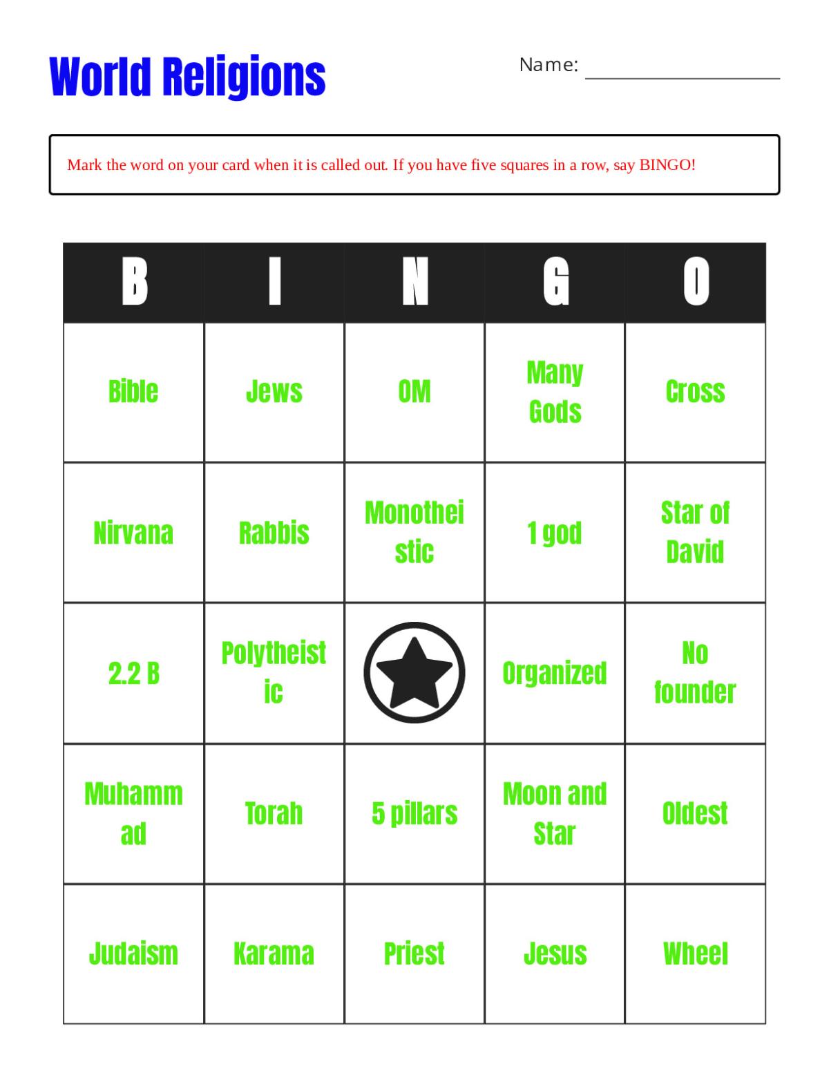 World Religions bingo cards with symbols, founders, and terms for Judaism, Christianity, Islam, Buddhism, and Hinduism.