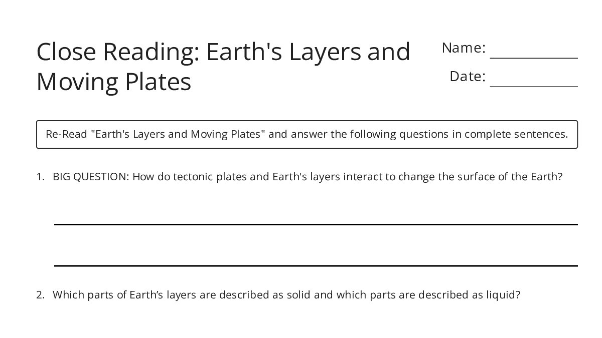 Close Reading: Earth's Layers and Moving Plates - My Worksheet Maker ...
